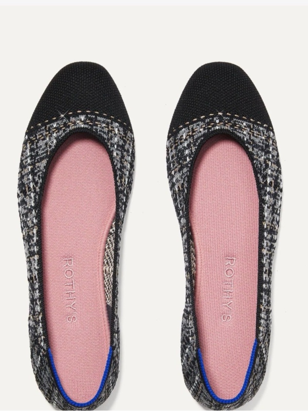 Rothy's Women’s midnight Black Tweed Cap-Toe Ballet Flats - Pink Insole